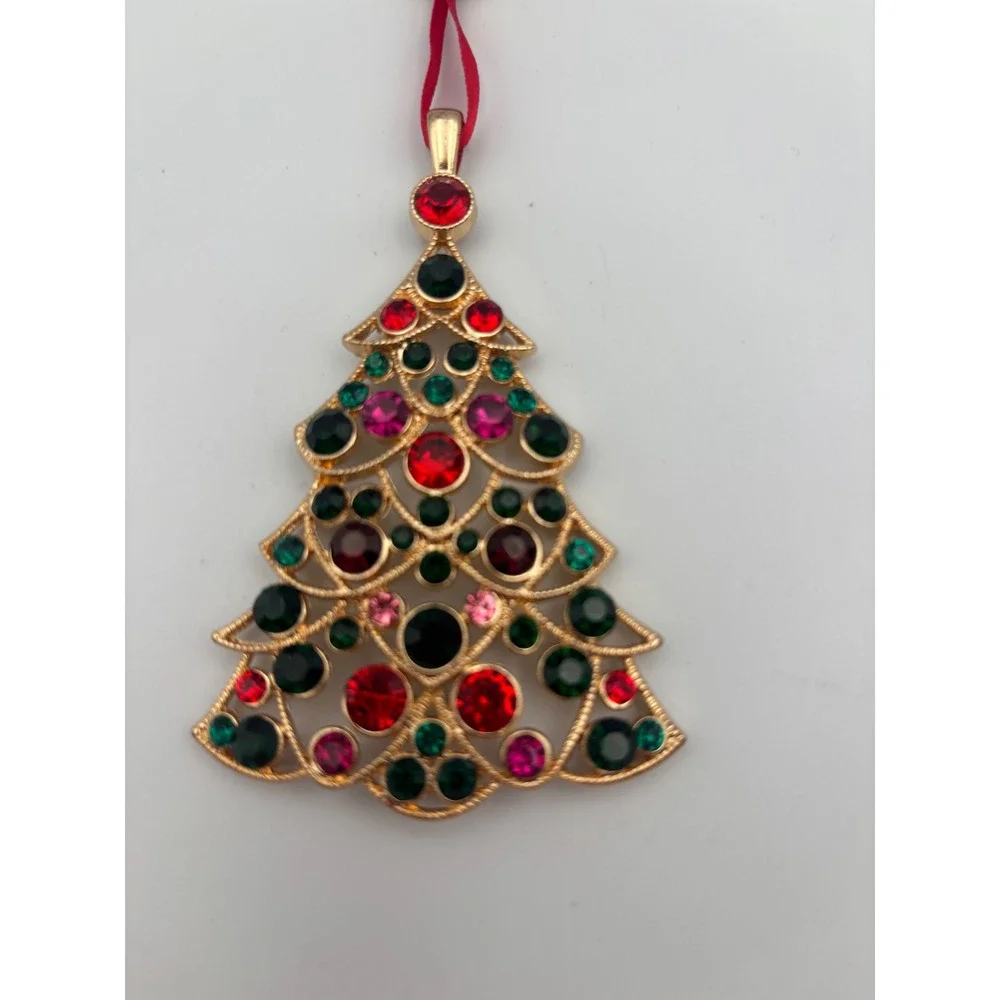 Monet 2024 Christmas Tree Ornament Gold Tone Multi Color Rhinestone Collectible